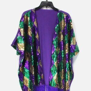 Mardi Gras Harlequin Sequin Wrap w Fringe NWT Purple Green Gold Shaw NEW New